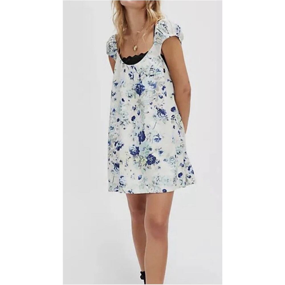 Free People Wildflower Printed Mini Dress S Porcelain Combo Linen Cottagecore